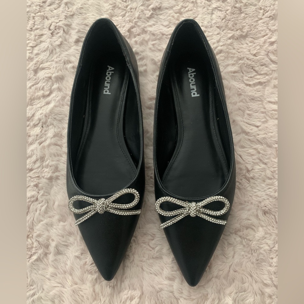 Nordstrom Abound Gorgi Black Flats Rhinestone Silver Bow sz 9.5